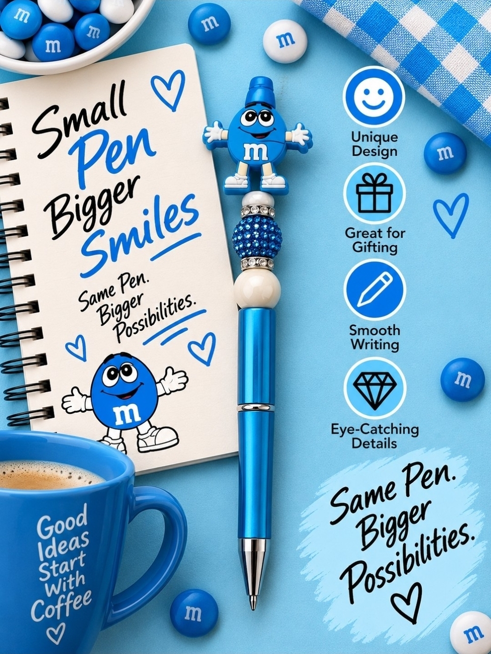 Blue Decorative Pen With M&M character!! 💙🩵